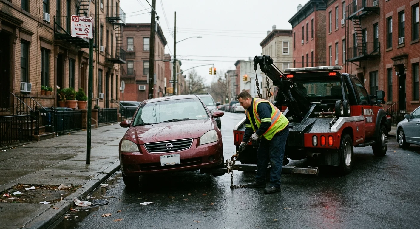 Overcast New York City street at dawn, a sedan hooked to a municipal-style tow