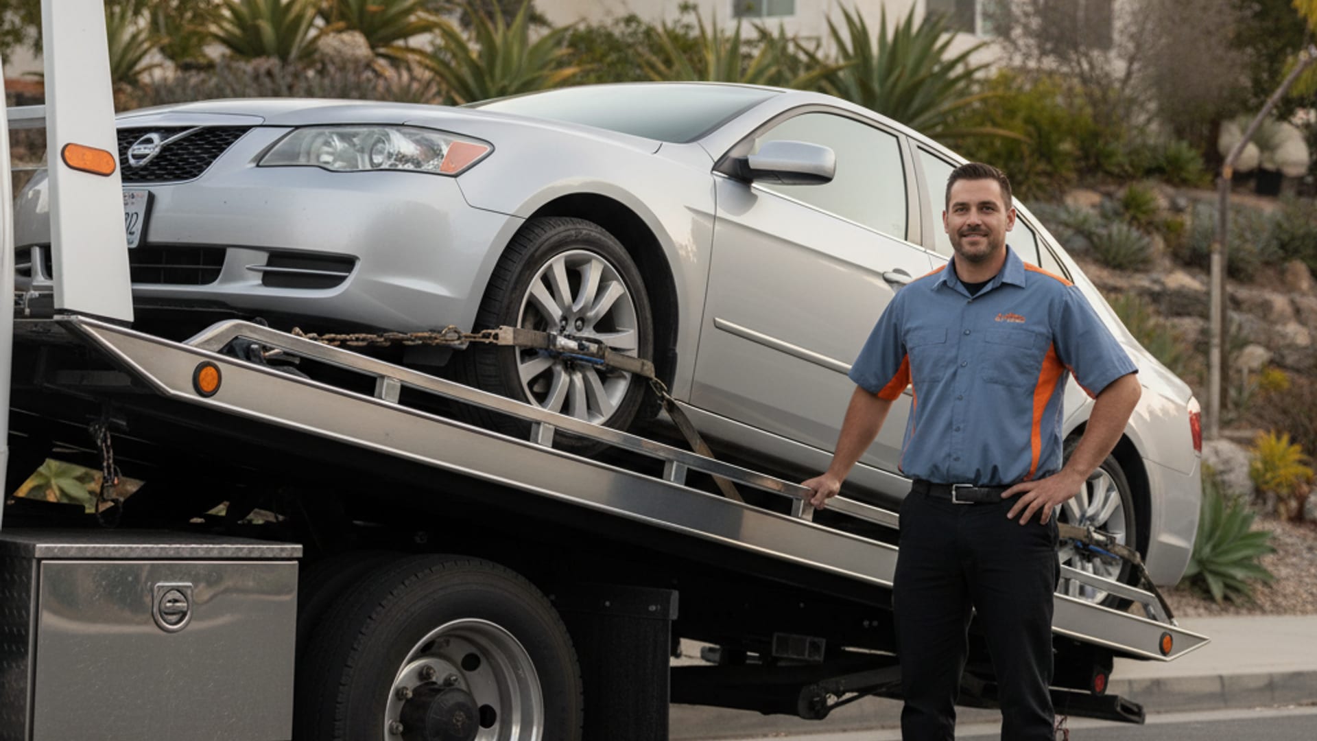 A flatbed tow truck operator loading a disabled sedan onto a rollback deck at golden hour