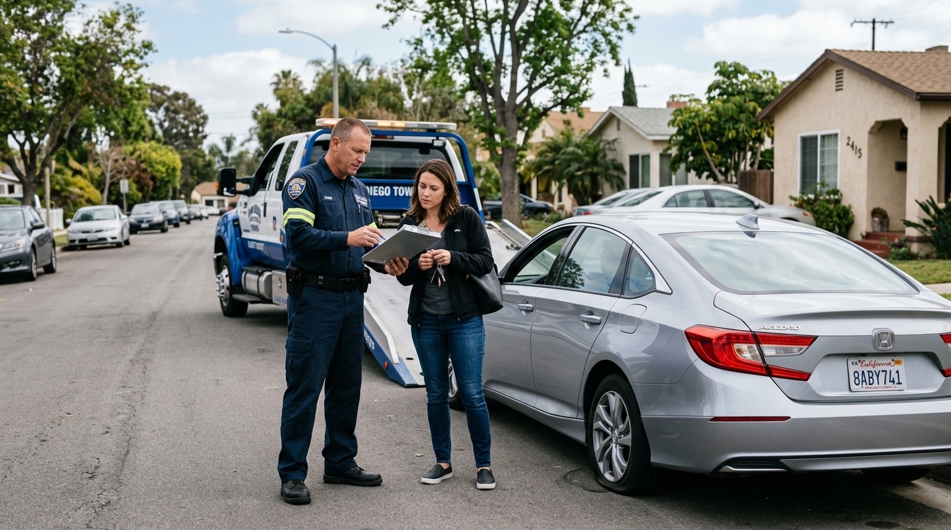 Operador de grúa de la ciudad de Nueva York platicando opciones de servicio con un cliente en el acotamiento de una autopista