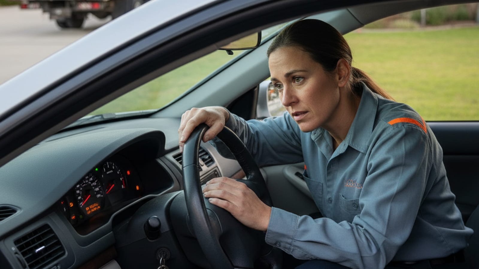 Conductor revisando las luces de advertencia del tablero en un carro estacionado en una calle de la ciudad de Nueva York