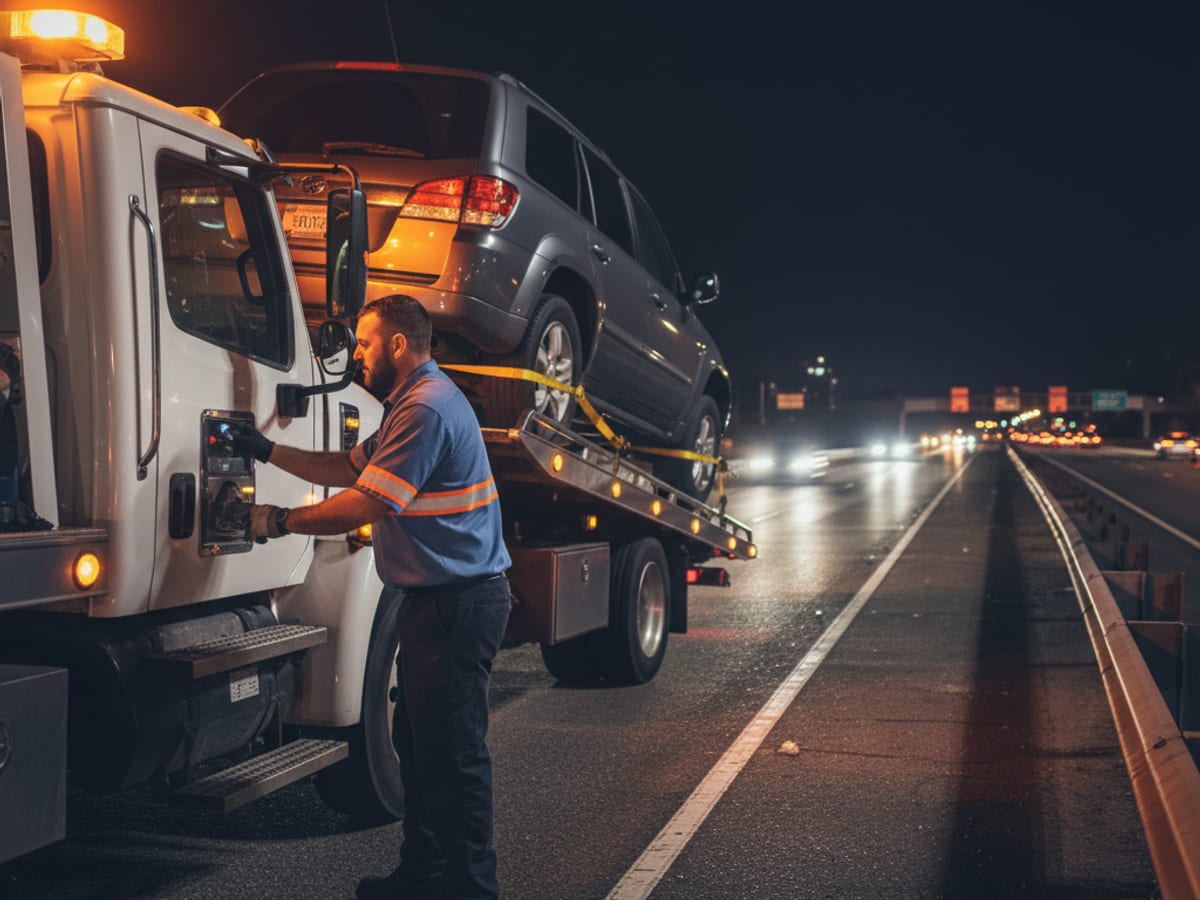 Operador independiente subiendo una SUV averiada a una plataforma en el acotamiento del BQE de noche