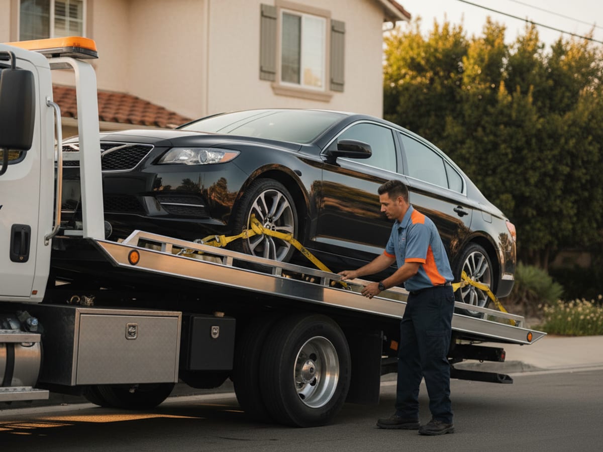 Independent operator rollback flatbed loading a Tesla with soft straps on a residential Brooklyn street