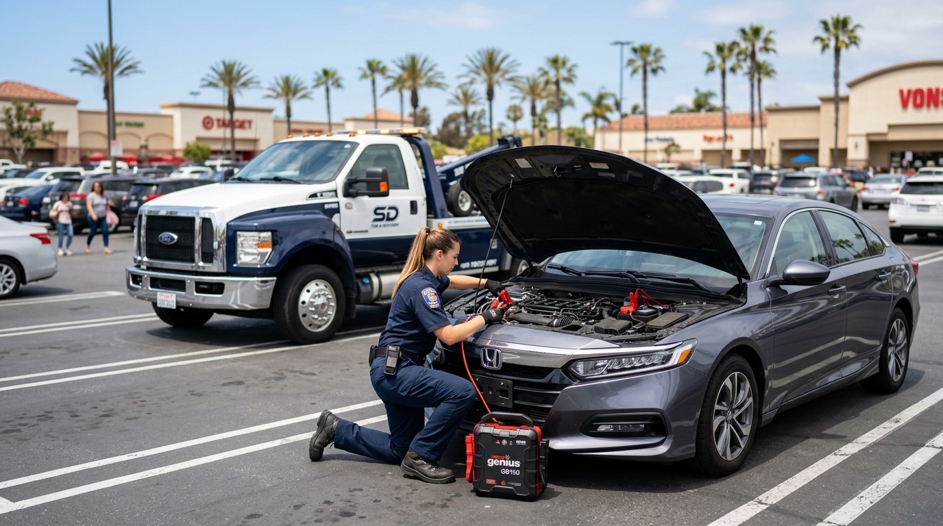 Independent operator connecting a commercial jump pack to a dead battery in a New York City parking lot during daylight