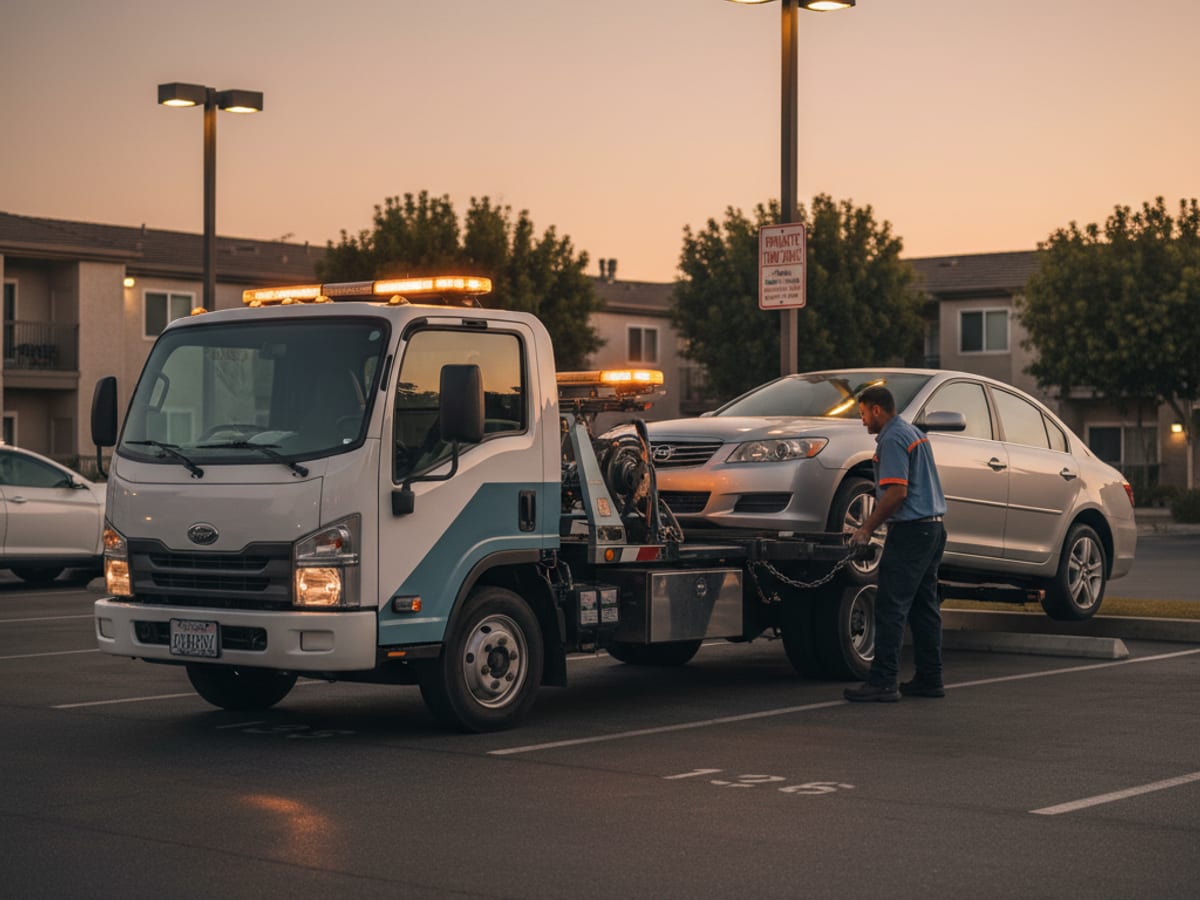 Camión de un operador independiente trabajando el lote de un complejo de departamentos con estacionamiento por permiso en un vecindario de un condado de afuera al anochecer