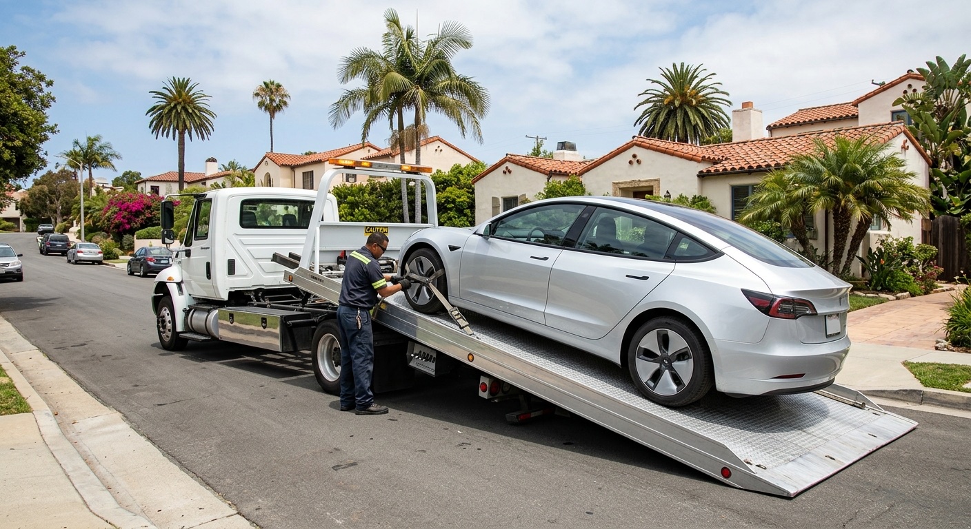 Plataforma de un operador independiente cargando un Tesla Model 3 con correas suaves en una entrada de la ciudad de Nueva York, el puerto de carga cerrado y el modo de transporte activado